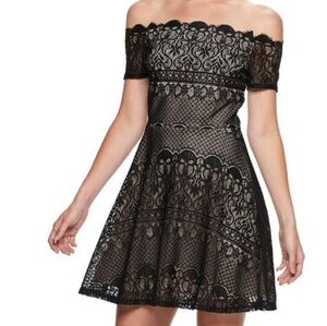 Rewind Beige with Black lace off the shoulder mini dress date party festival_Sm